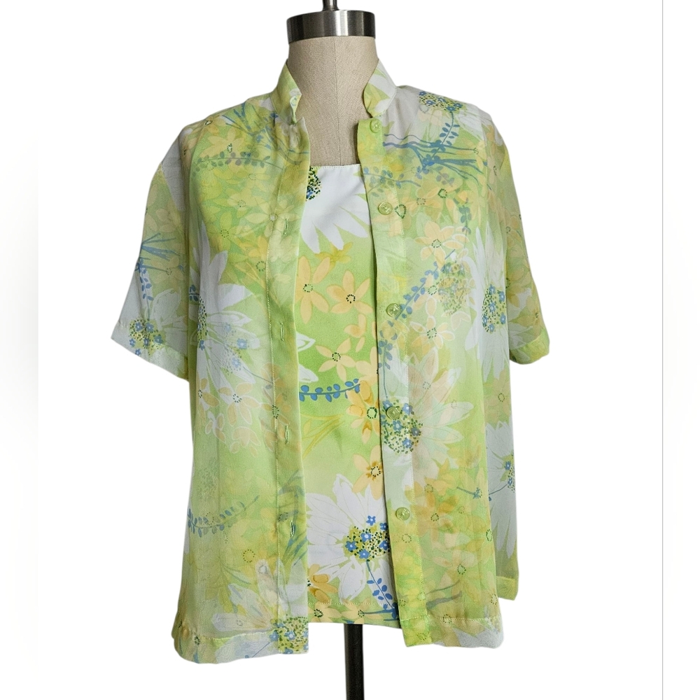 DRAPER'S & DAMON'S Lime Green Floral Sheer Top& Tank Set | SZ PM